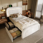 Bed Frame, USB Type-C, LED, 2-Drawer, Single, Upholstered, Sherpa White