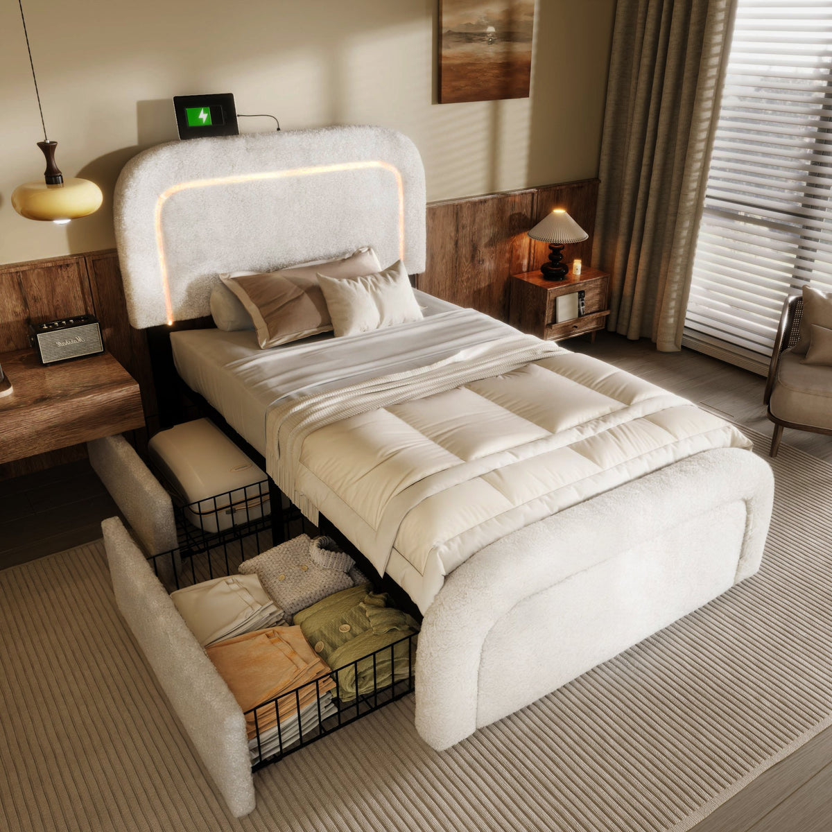 Bed Frame, USB Type-C, LED, 2-Drawer, Single, Upholstered, Sherpa White