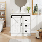 Bathroom Vanity Unit with Ceramic Sink and Barn Door Storage, White