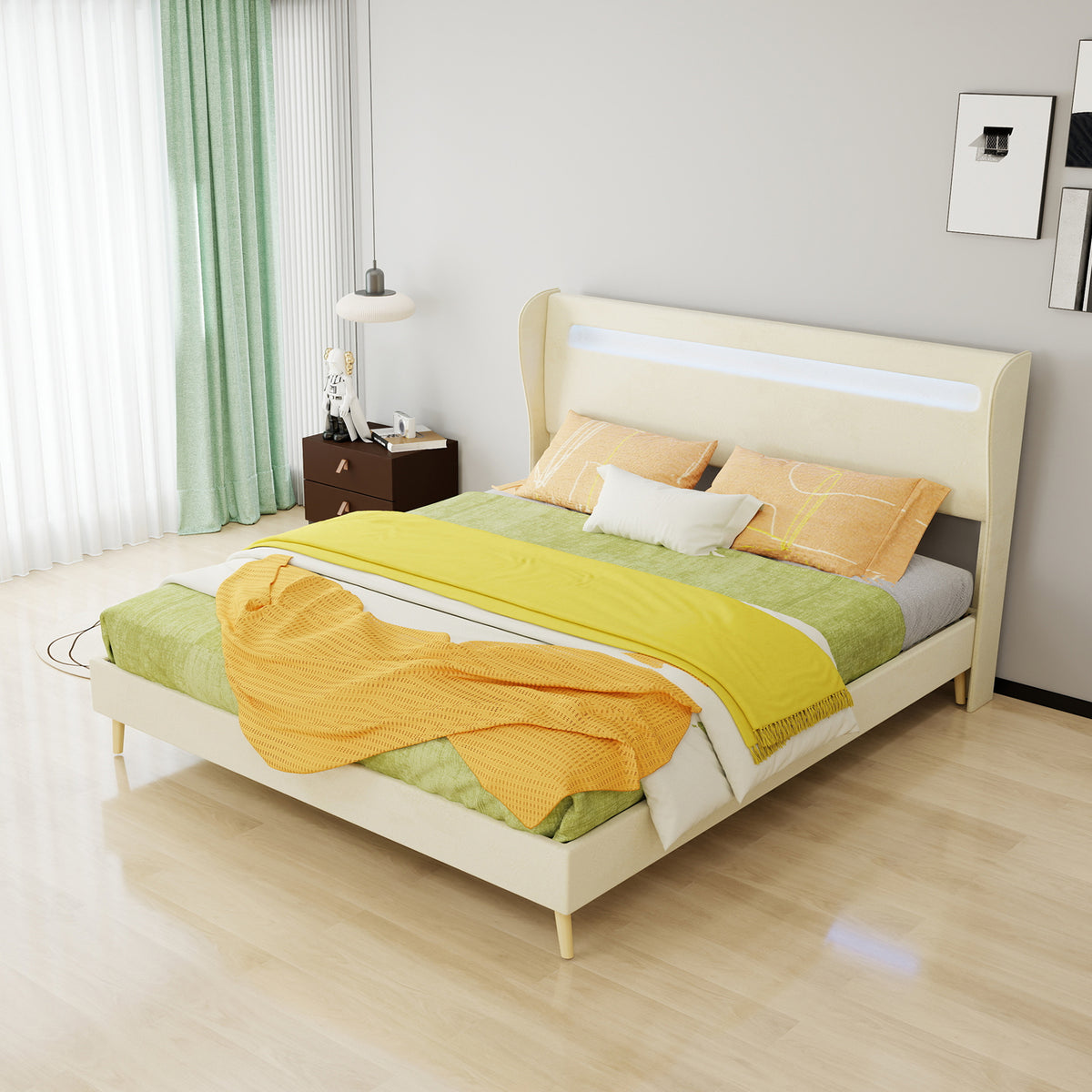 Modern Upholstered Bed with LED Headboard & Mattress, 160x200cm, Beige