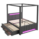 Upholstered Four-Poster Bed 140x200cm, Pull-Out & 3 Drawers, Grey