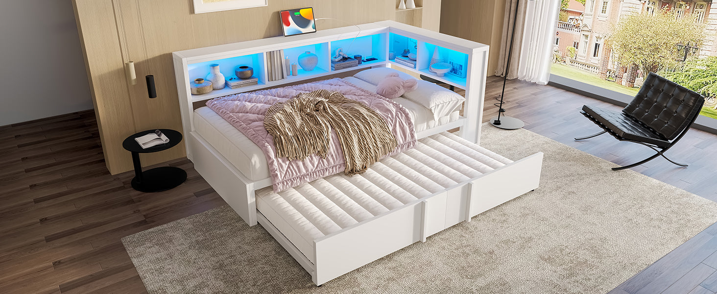Metal Daybed 90x200cm Pull-out Bed Storage Cabinets LED USB White