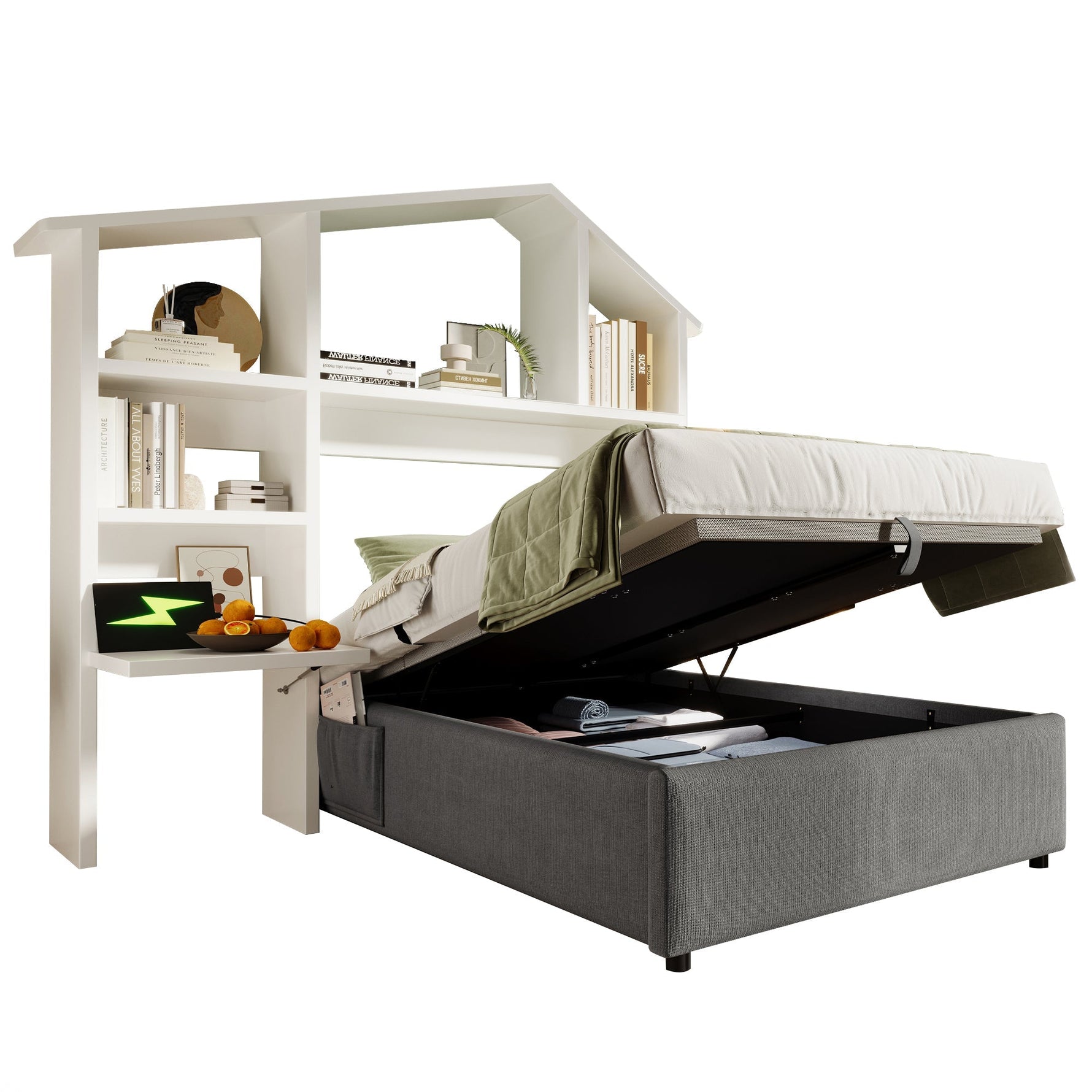 Children's Upholstered Bed, 90x200 cm, with Bookcase, Hydraulic Storage, USB-C, Single, Grey Linen