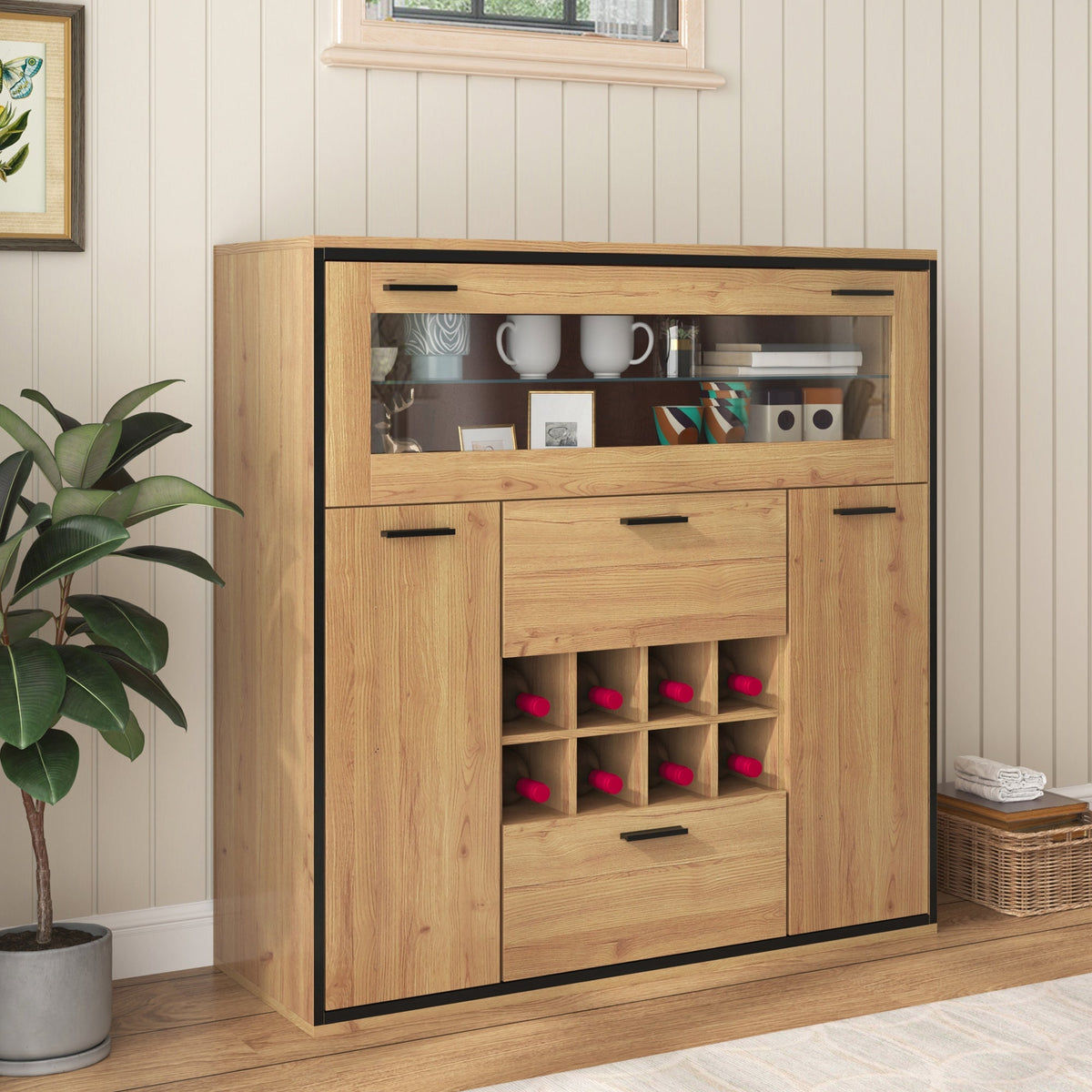 Sideboard, Elegant Wine Cabinet with Double Doors, Glass Shelf & Wine Holder