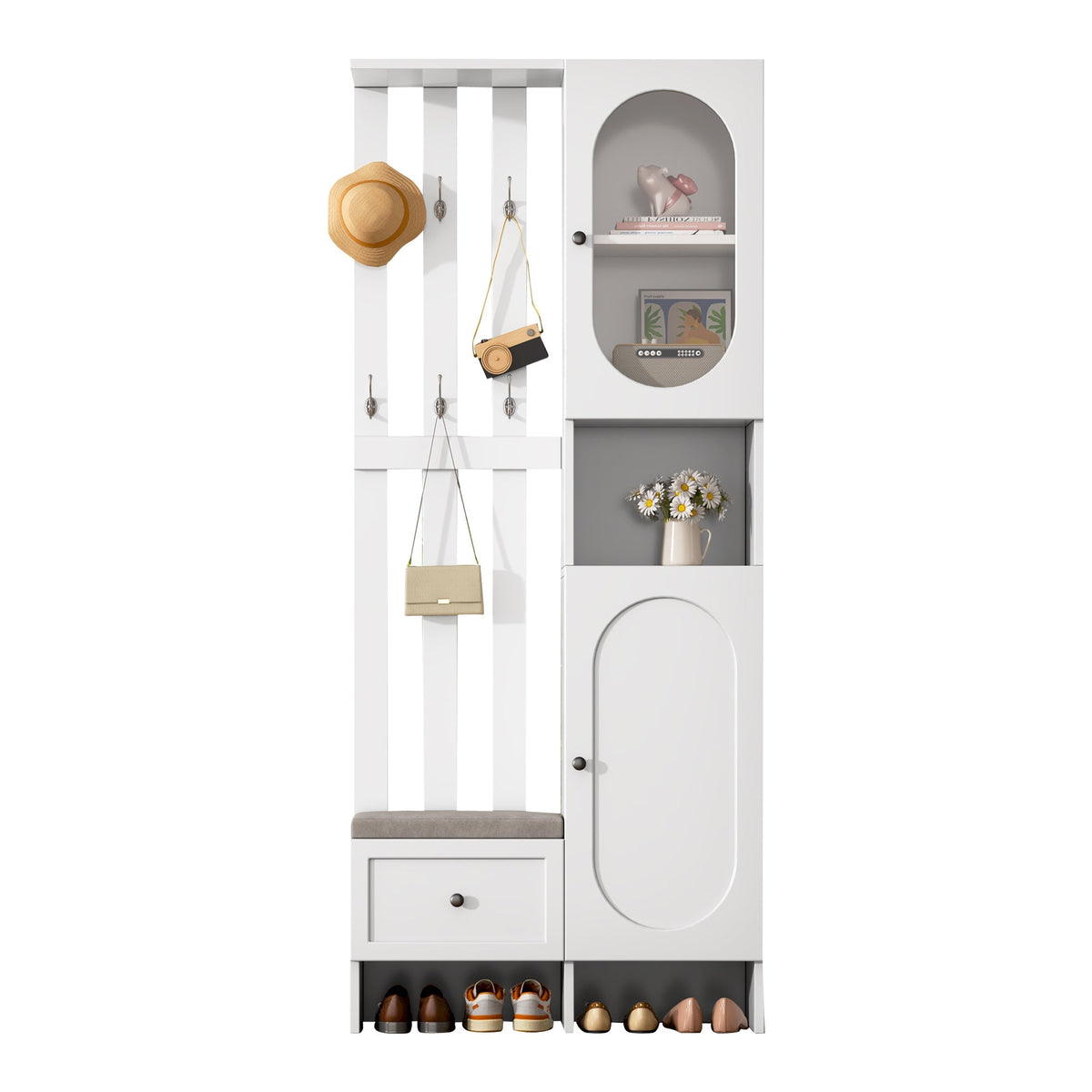 Compact Wardrobe Set with 2 Cabinets, Tempered Glass, Shoe Bench & Cushion, White