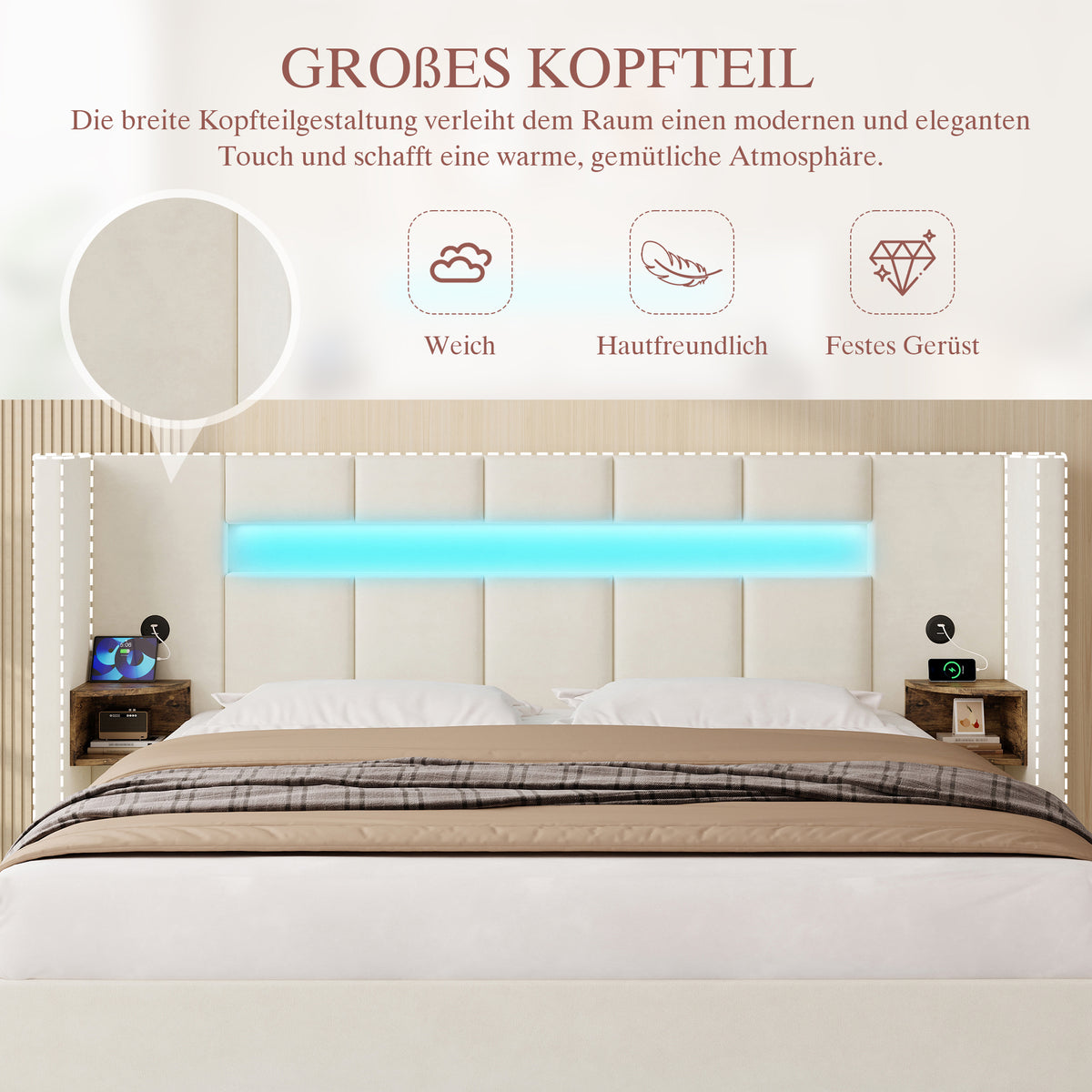 Multifunctional Bed Frame 160x200cm LED Hydraulic Storage Velvet