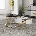 Modular Coffee Table Set of 2, Drawers Marble Look, Gold Decor