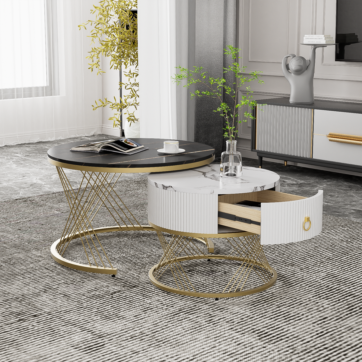 Modular Coffee Table Set of 2, Drawers Marble Look, Gold Decor