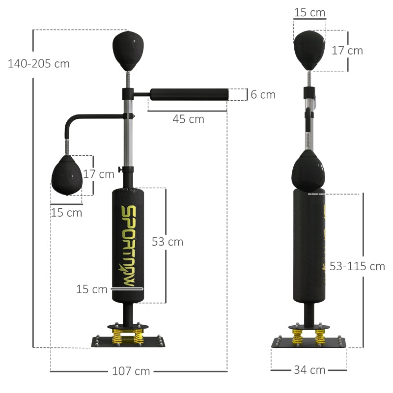 sportnow boxing stand, two speedballs, rotating boxing bar, kick pad, height-adjustable, steel, black