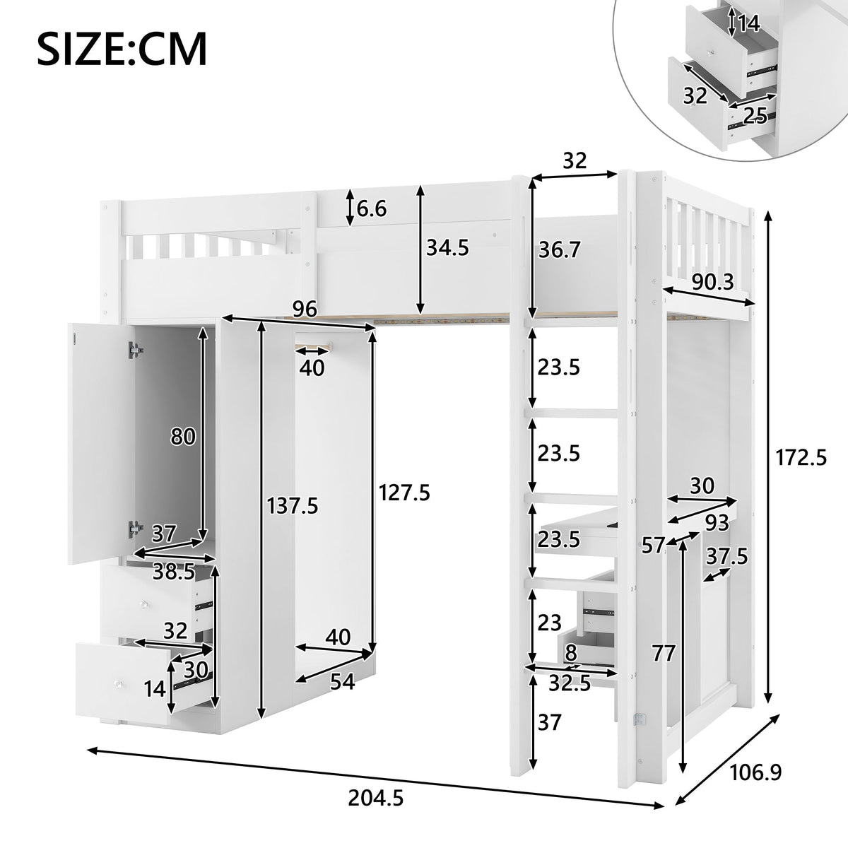 Loft Bed with Desk, Wardrobe, 4 Drawers, LED and USB, 90x200cm, White