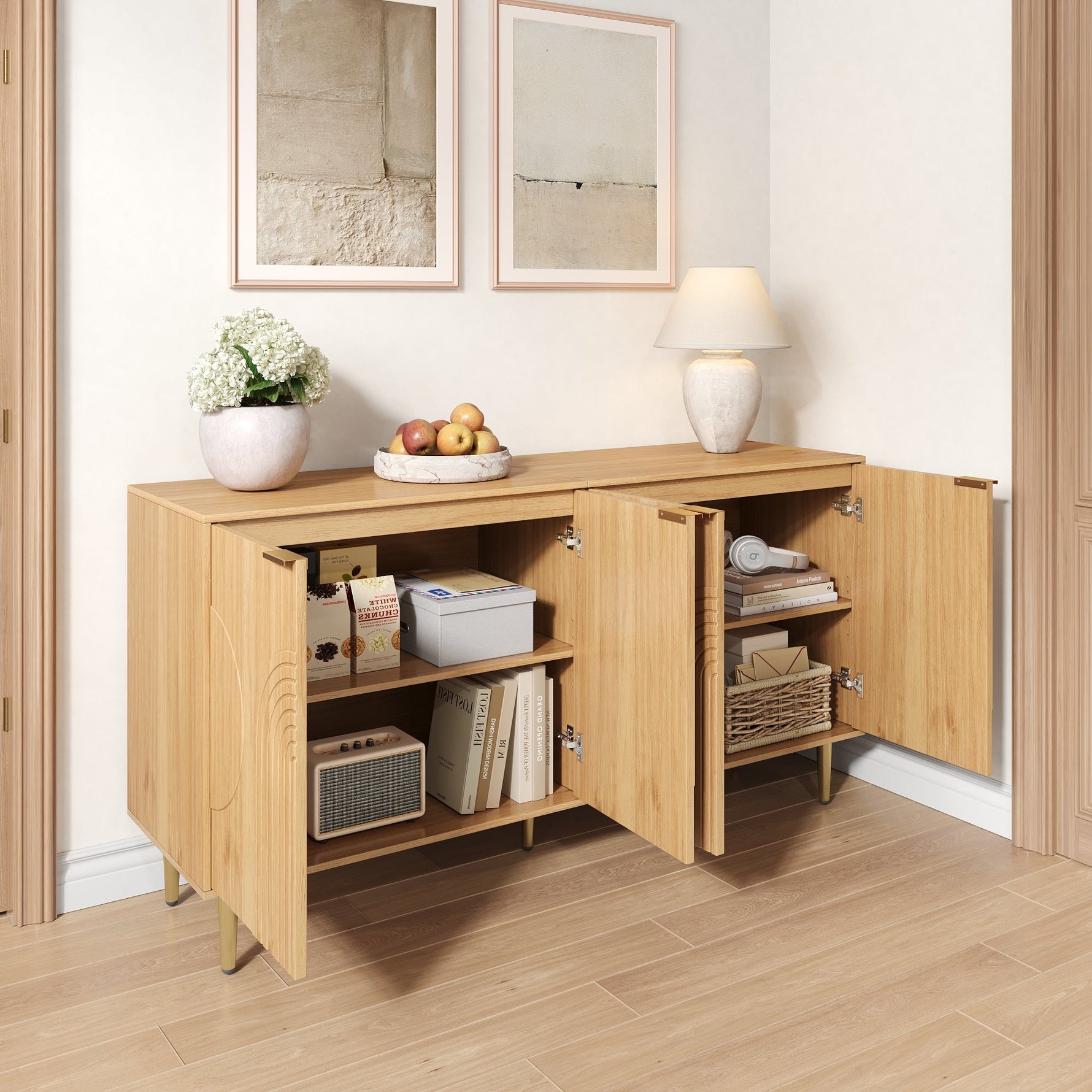 Modern Sideboard with 4 Doors and Adjustable Shelves, Natural Wood Look