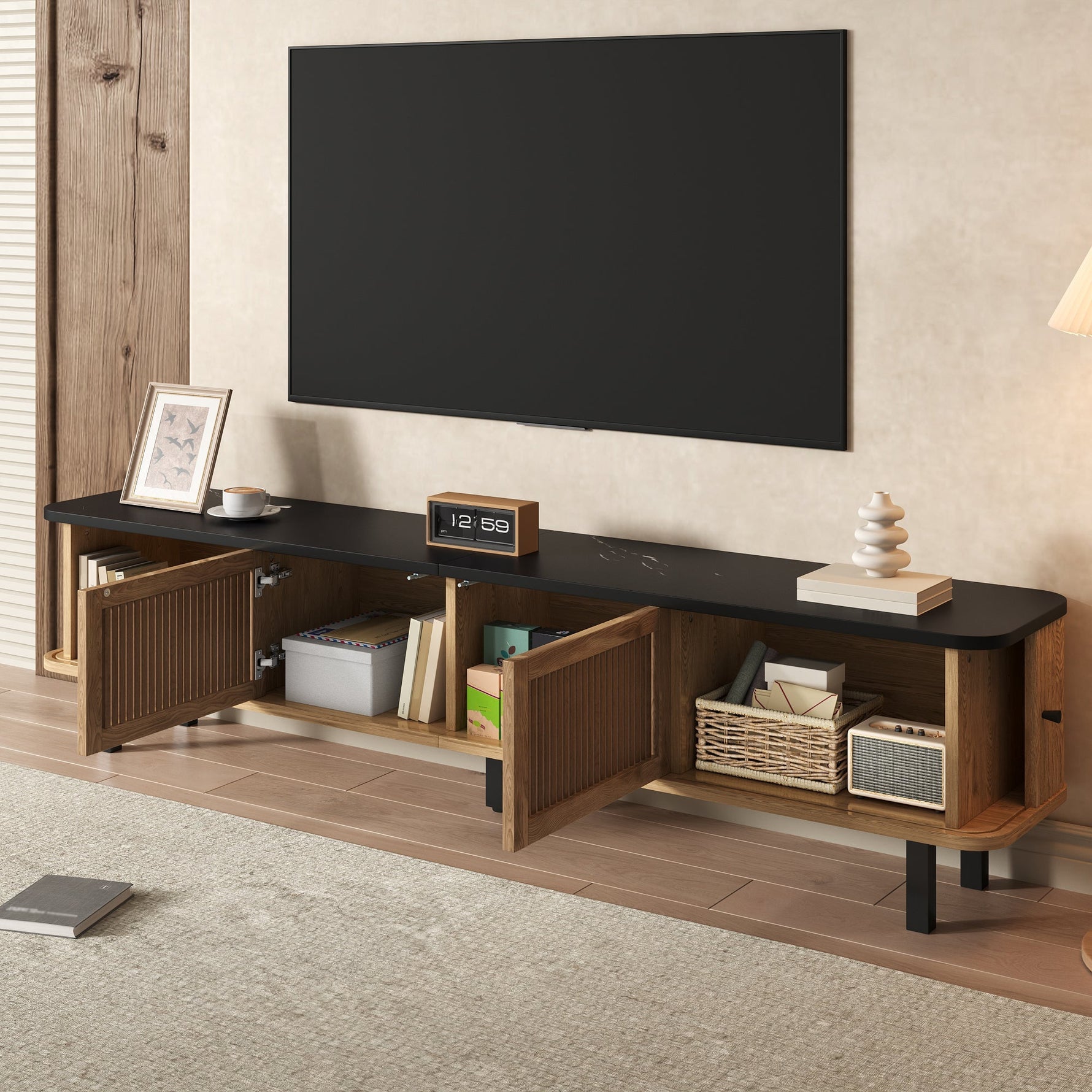 Modern TV Cabinet with Sliding Mesh Doors and Unique Design, Oak Wood Look