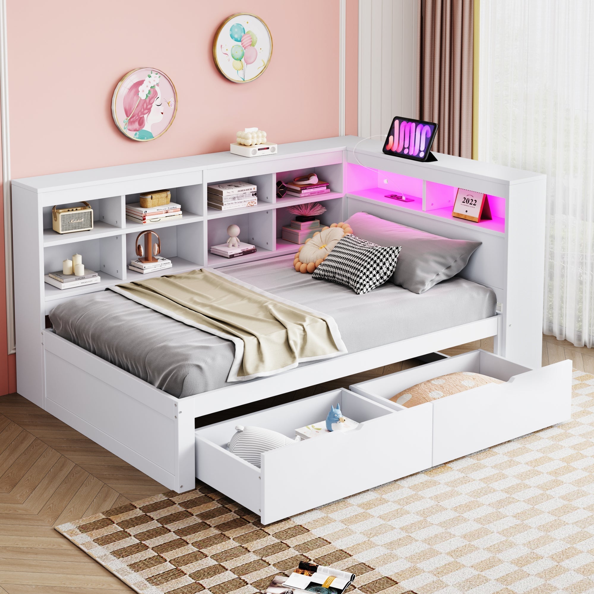 Solid Wood Sofa Bed 90x200cm Multifunctional USB/LED Storage, White
