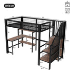 Loft Bed 90*200cm with Desk, Wardrobe and Storage Shelves, Black Iron and MDF