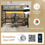 Loft Bed with Desk, USB, Power Outlets and App-Controlled LED Lights, 90x200cm, Black Metal
