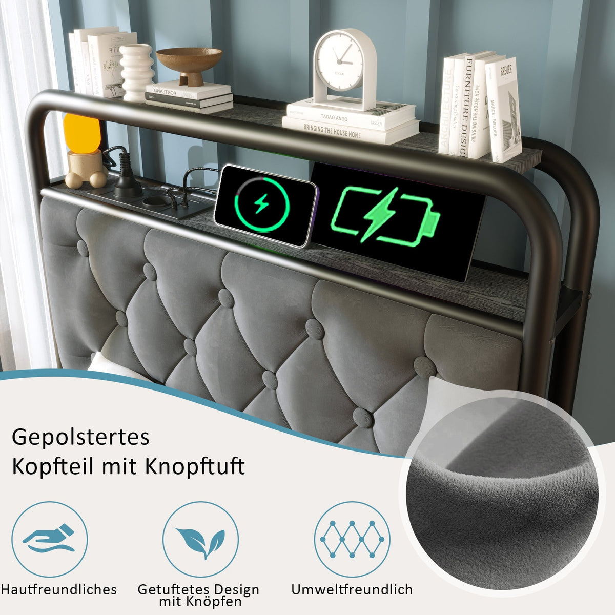 Upholstered Single Bed with USB Type C, LED & 2 Drawers, 90x200, Velvet