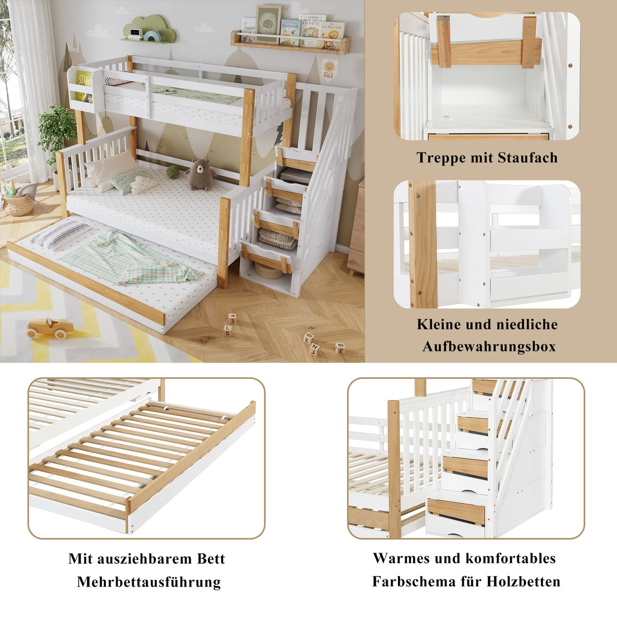 Bunk Bed, Trundle & Corner Stairs, Pine + MDF, White + Natural