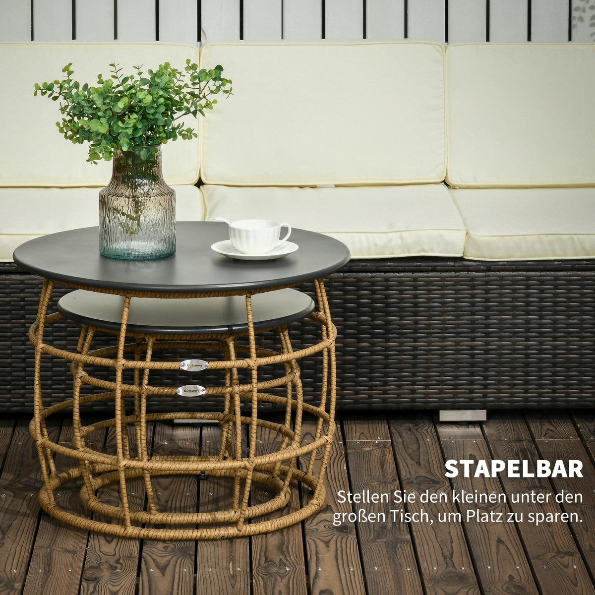Side Table Set, 2 Coffee Tables with Hand-Woven Table Top, Sand