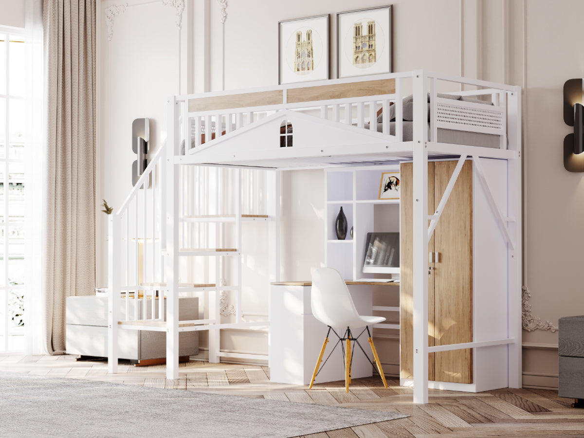 Metal Loft Bed, 90x200cm, Safety Rail with Window & Ladder, White