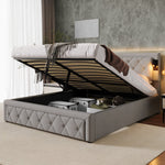 Upholstered Storage Bed with Downlight, USB Port and Slatted Base, 160x200cm, Grey Linen