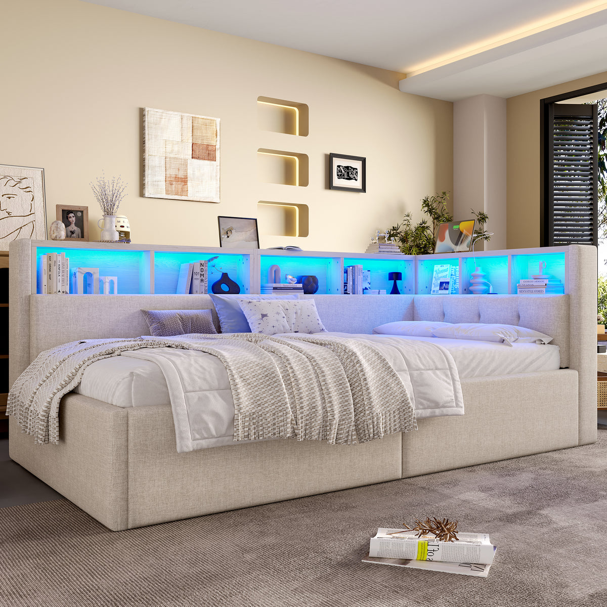 Daybed 90x200cm with Hydraulic Storage & LED, Beige Linen