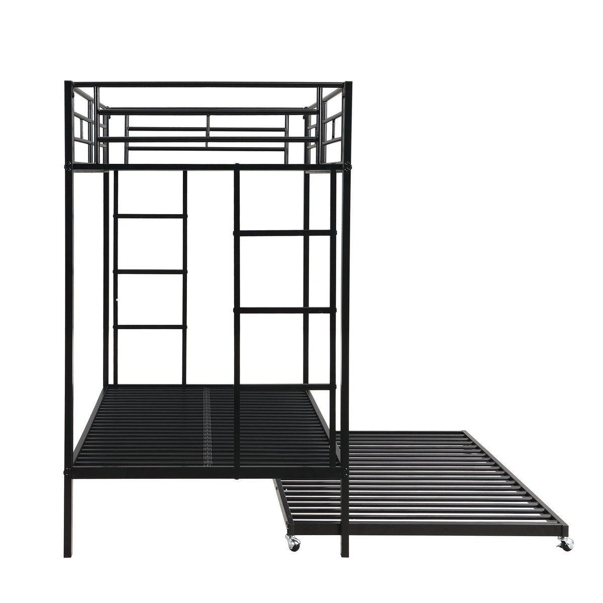 Bunk Bed 90x200cm with Pull-Out Bed Safety Railings EN747 Certified - Black Iron Frame