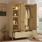 Wardrobe with 2 Doors, Rattan Weave, Shelves, Clothes Rail and 2 Drawers, Oak Look