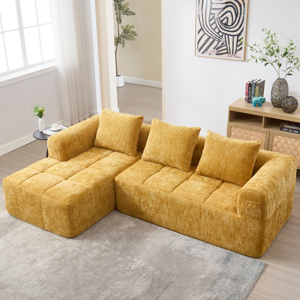 Sectional Sofa L-Shaped 3-Seater Chaise No Assembly Chenille Yellow