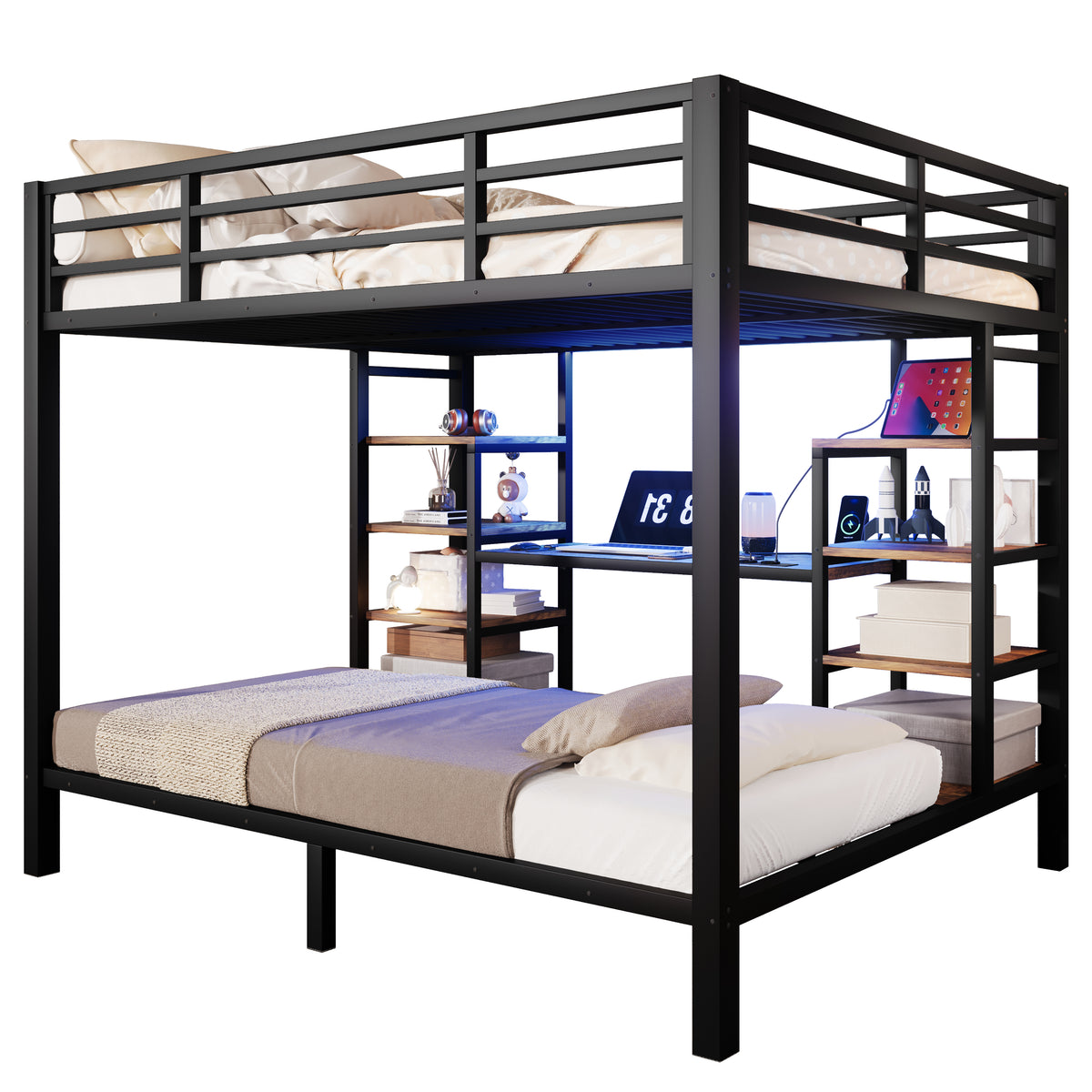 Bunk Bed 90/140x200 cm with Storage, USB & LED, Black Metal