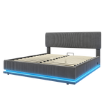 Modern Upholstered Bed with LED Lighting, USB-C Charging and Under-Bed Storage, Gray Corduroy