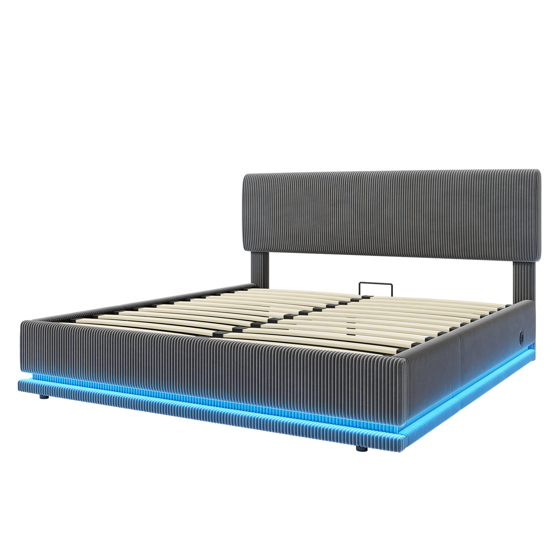 Modern Upholstered Bed with LED Lighting, USB-C and Storage, 160x200 Gray Corduroy