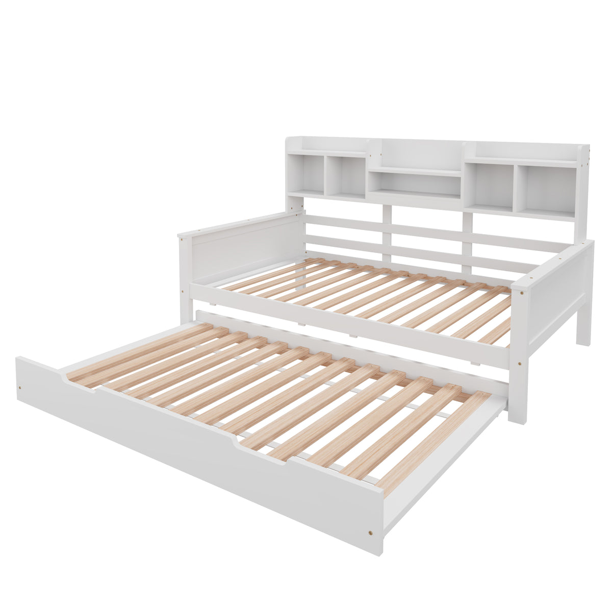 Extendable Sofa Bed 90x200cm with Pull-Out Bed & Storage, White Wood