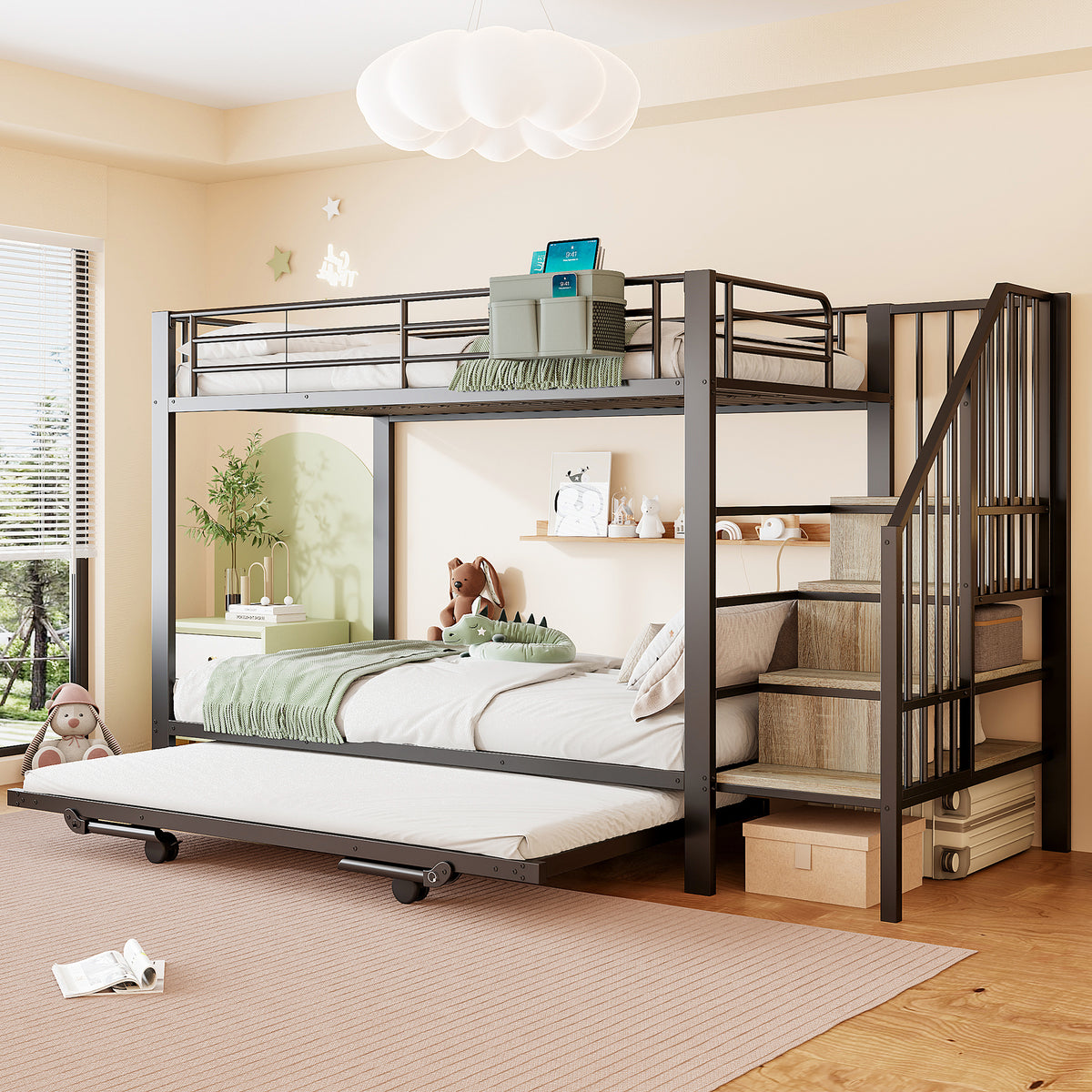Bunk Bed with Pull-Out Bed & Storage Stairs, Black Iron Frame