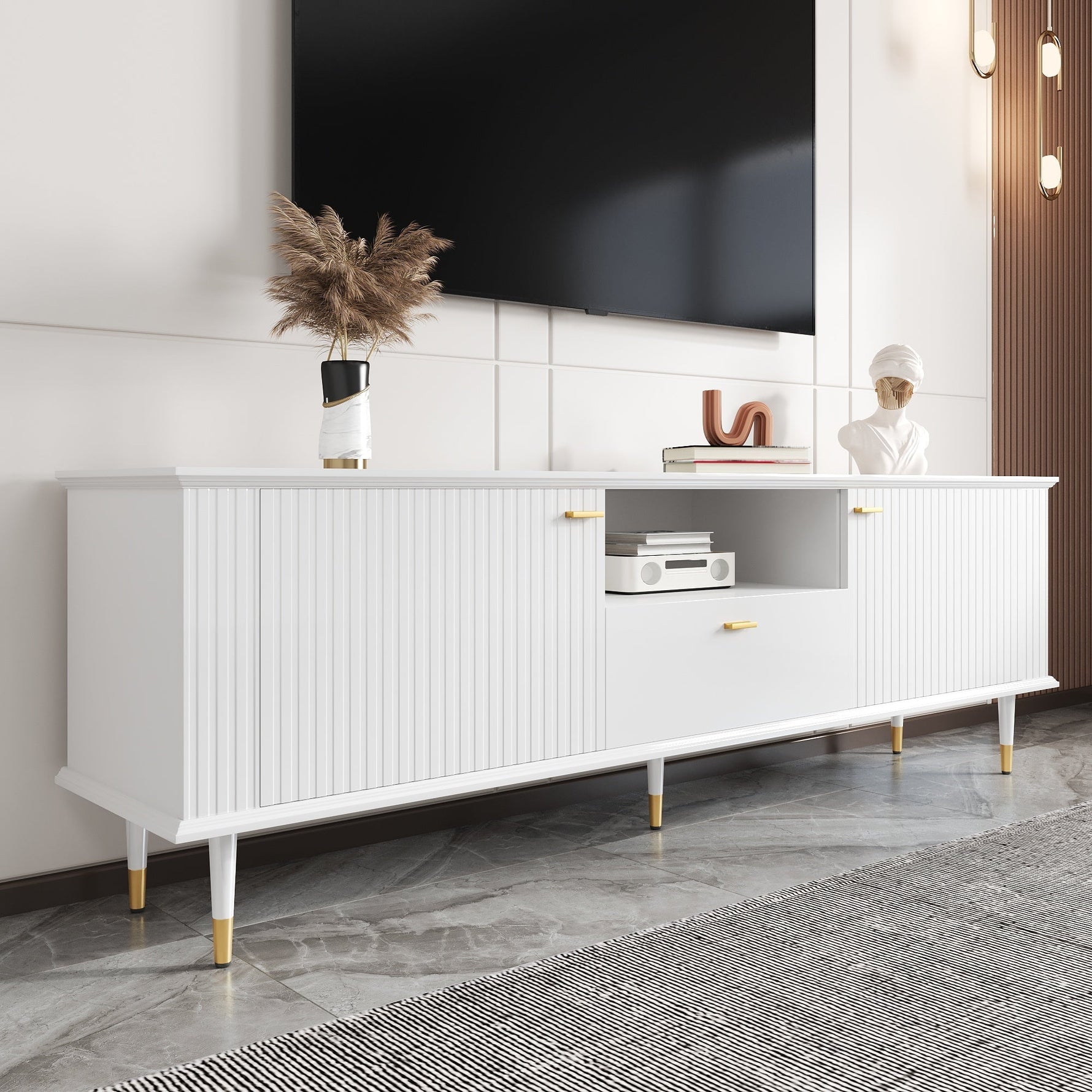 TV Cabinet with Open Compartments, Drawers, Soft-Close Hinges, Lacquered Textured Surface