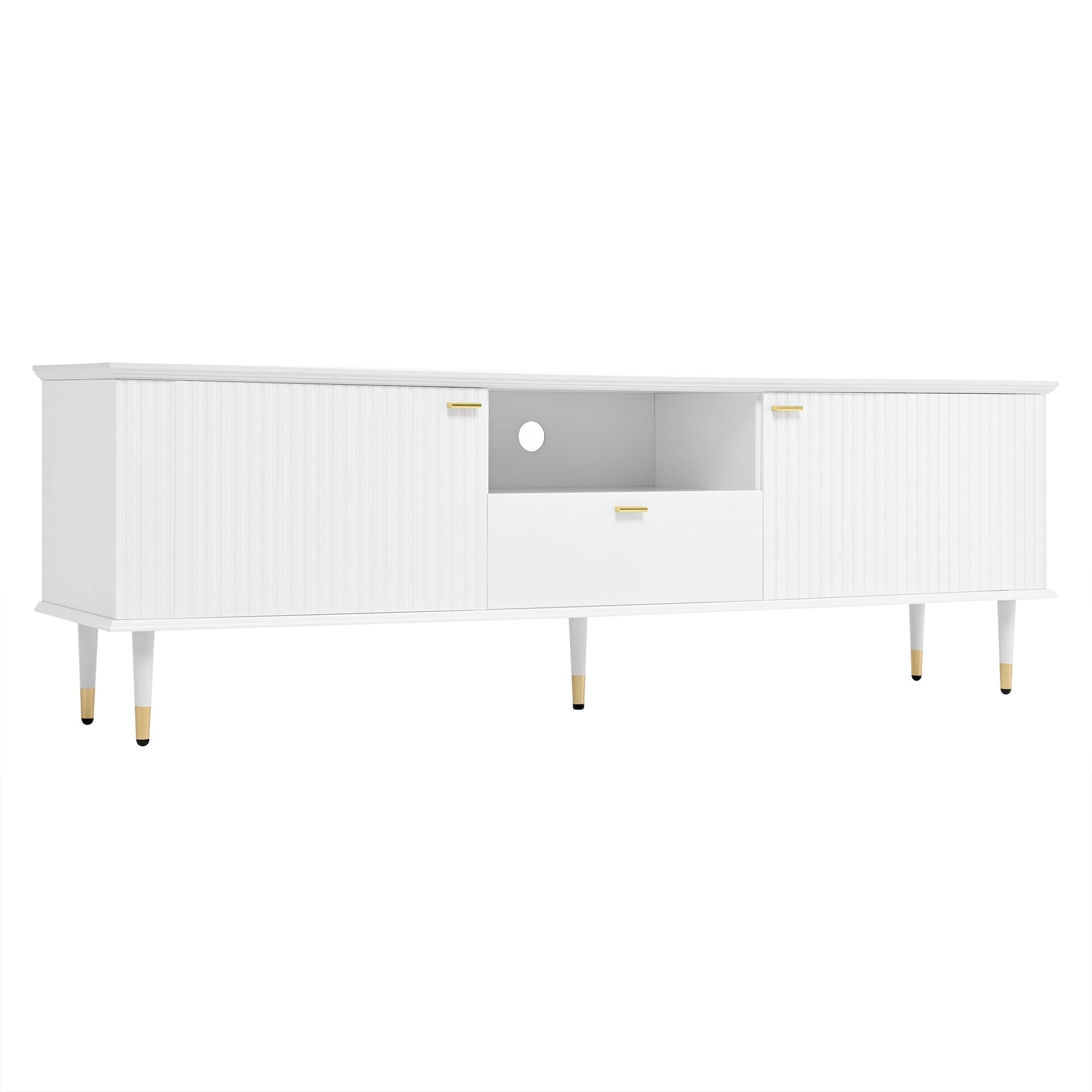 TV Cabinet with Open Compartments, Drawers, Soft-Close Hinges, Lacquered Textured Surface