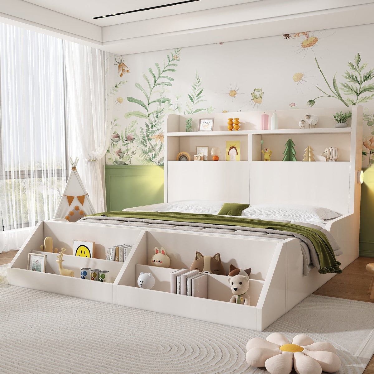 Wooden Double Bed 140x200cm Youth Bed with Shelves Nightlights Bookshelf Pure White