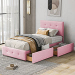 Upholstered Bed 90x200cm, Slatted Frame, Backrest & 2 Drawers, Pink Velvet