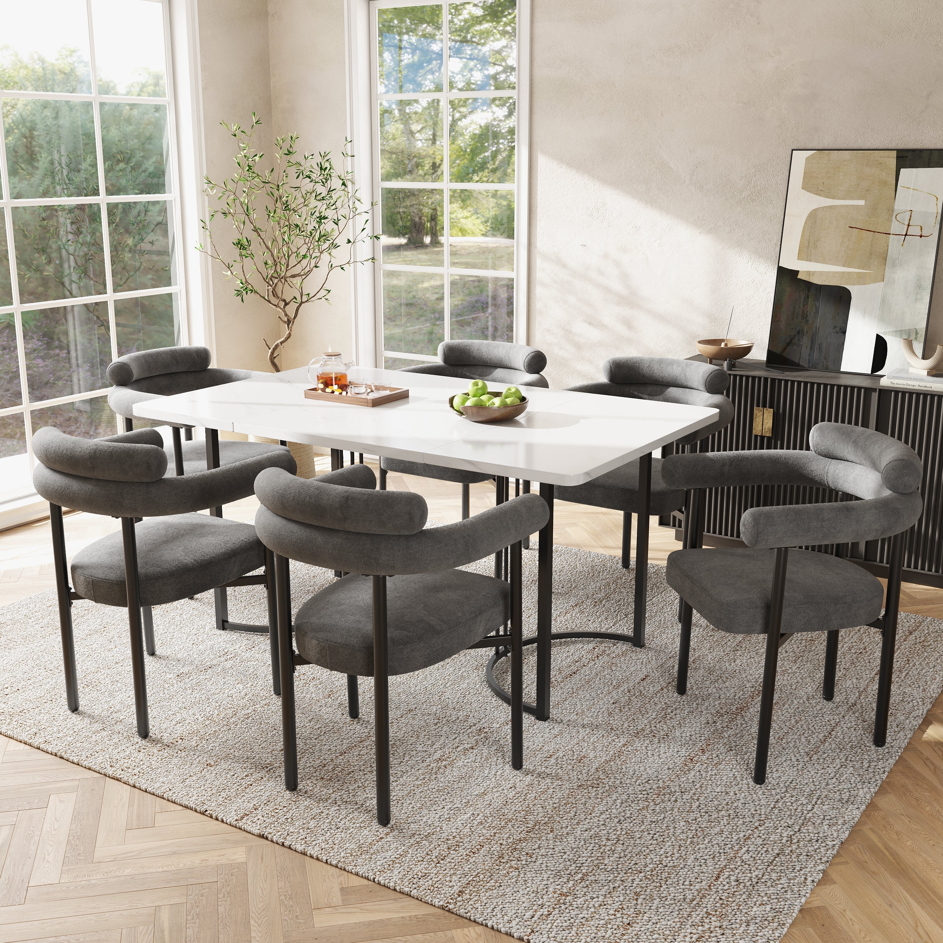 6 Dining Chairs, Modern Simple Comfortable Ring Seat, Dark Grey Suede