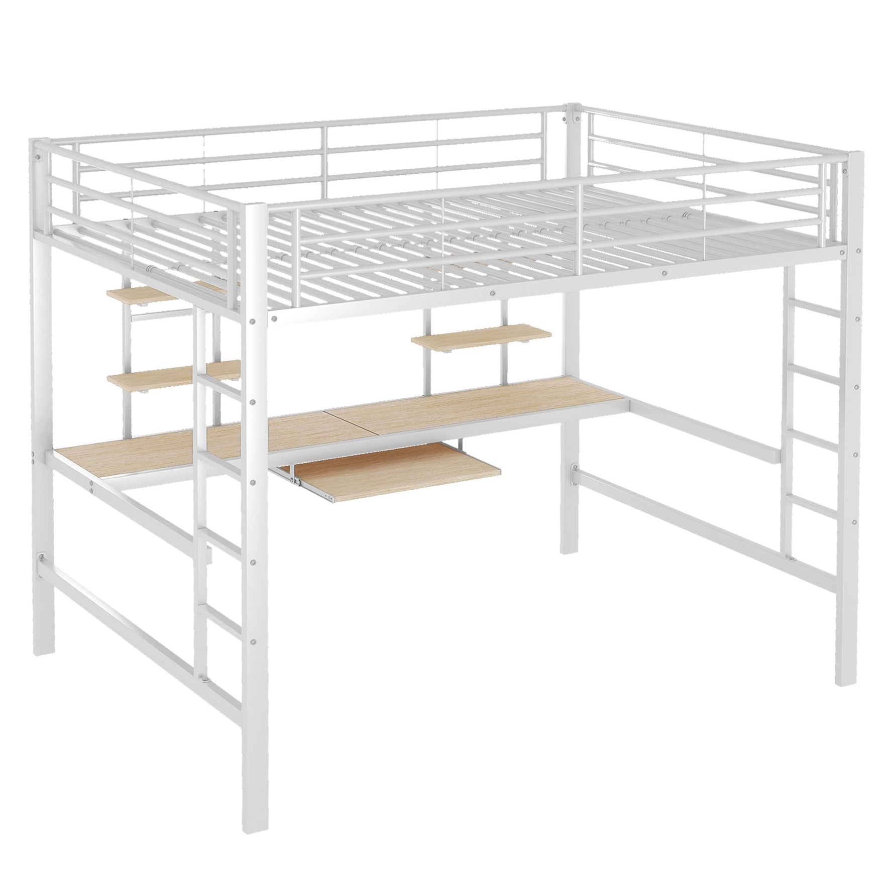 Loft Bed with Desk and Bookshelves, 140x200 cm Metal Frame, White