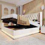 Upholstered Double Bed, Hydraulic Storage, LED, USB-C, Beige Cotton