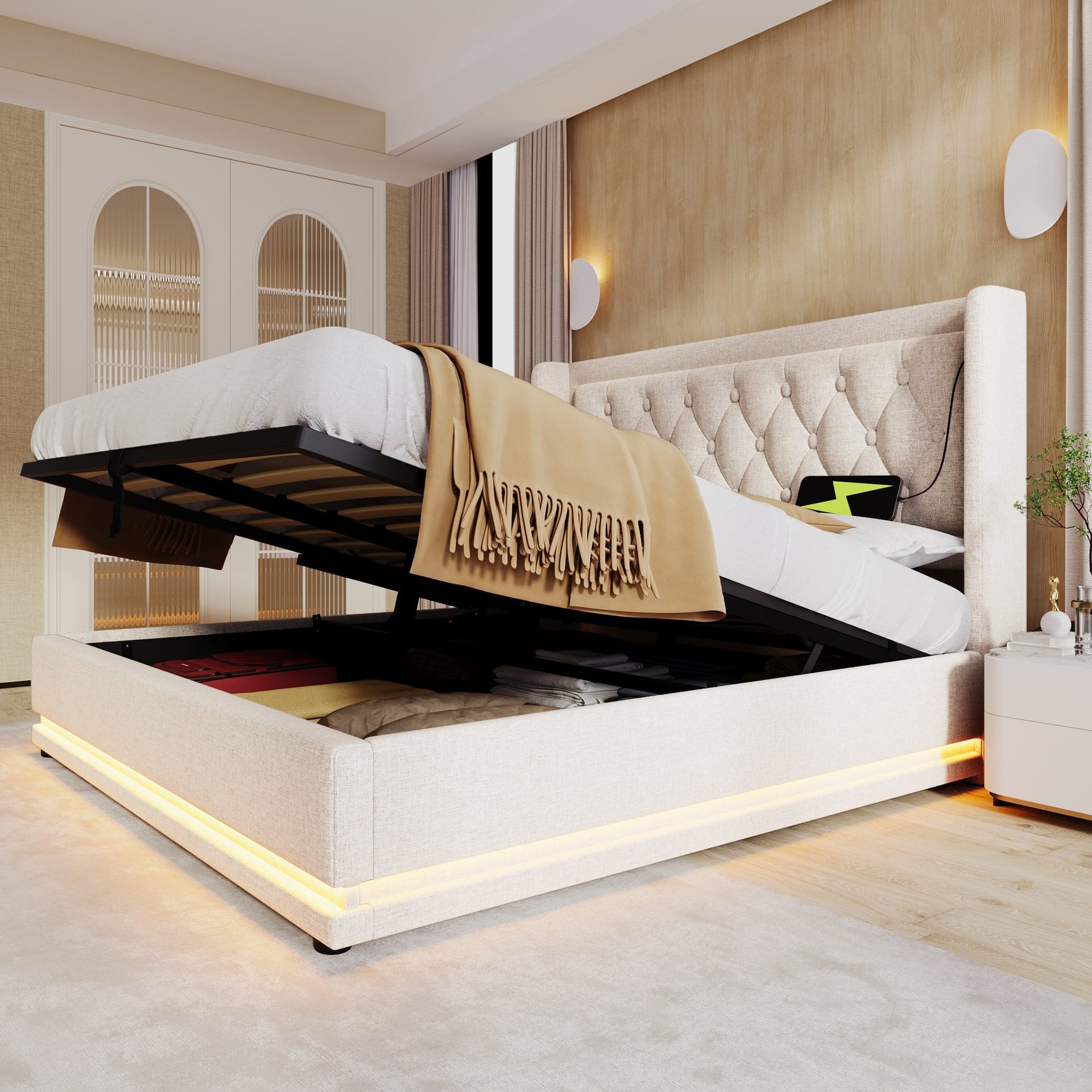 Upholstered Double Bed, Hydraulic Storage, LED, USB-C, Beige Cotton