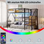 Metal Loft Bed 90x200 LED Lights Storage Stairs Wardrobe, Black