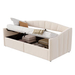 Upholstered Single Sofa Bed 90x200cm Hydraulic Storage Armrests Striped - Velvet Beige