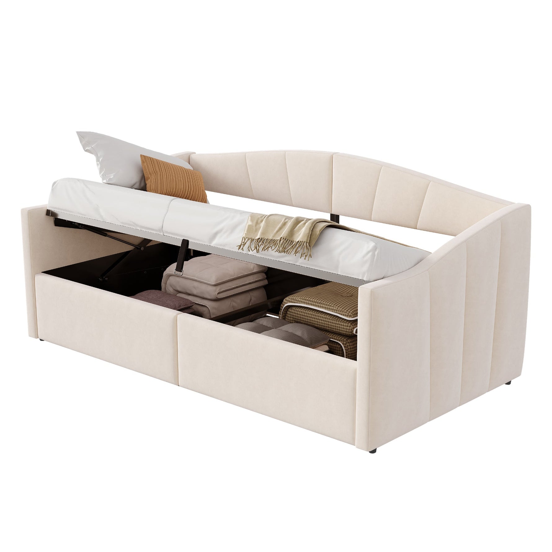 Upholstered Single Sofa Bed 90x200cm Hydraulic Storage Armrests Striped - Velvet Beige