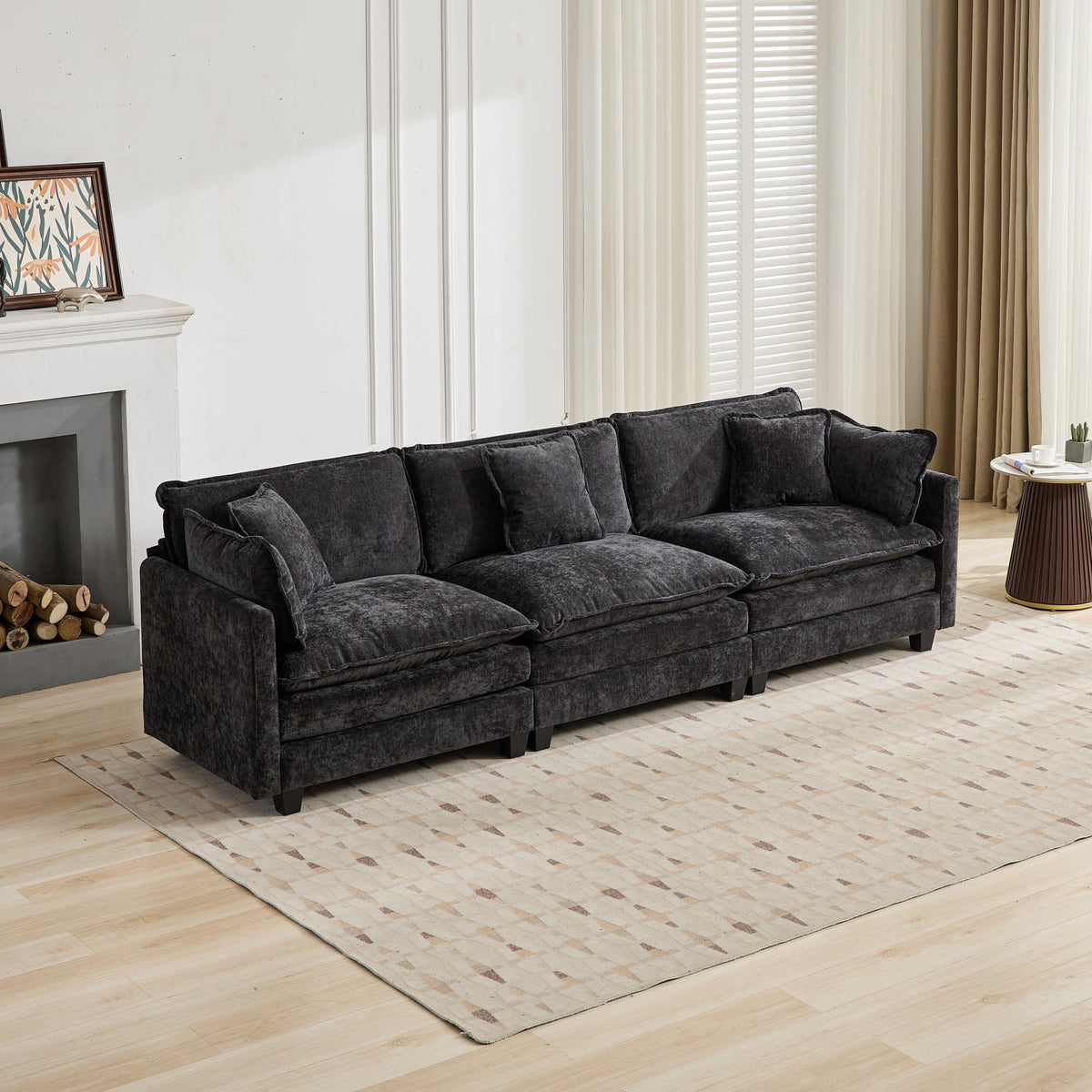 Cloud Sofa 3 Seater Modern Sectional Couch with Double Layer Upholstered Cushion, Black Chenille Fabric