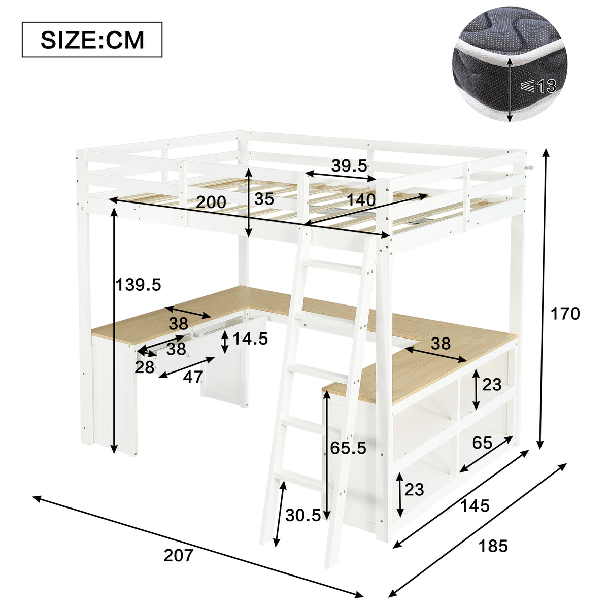 Loft Bed with U-Shaped Desk & Drawers 140x200cm - White & Natural