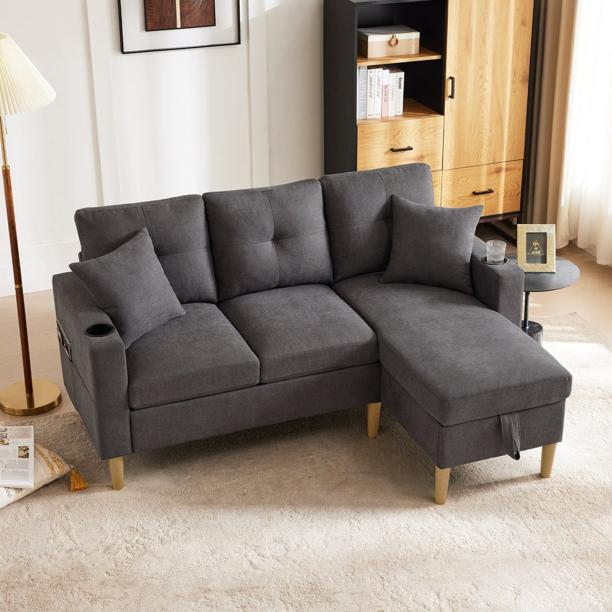 Sofa, L-Shaped Modern 3-Seater with Chaise, Storage, Cup Holder, Pillows