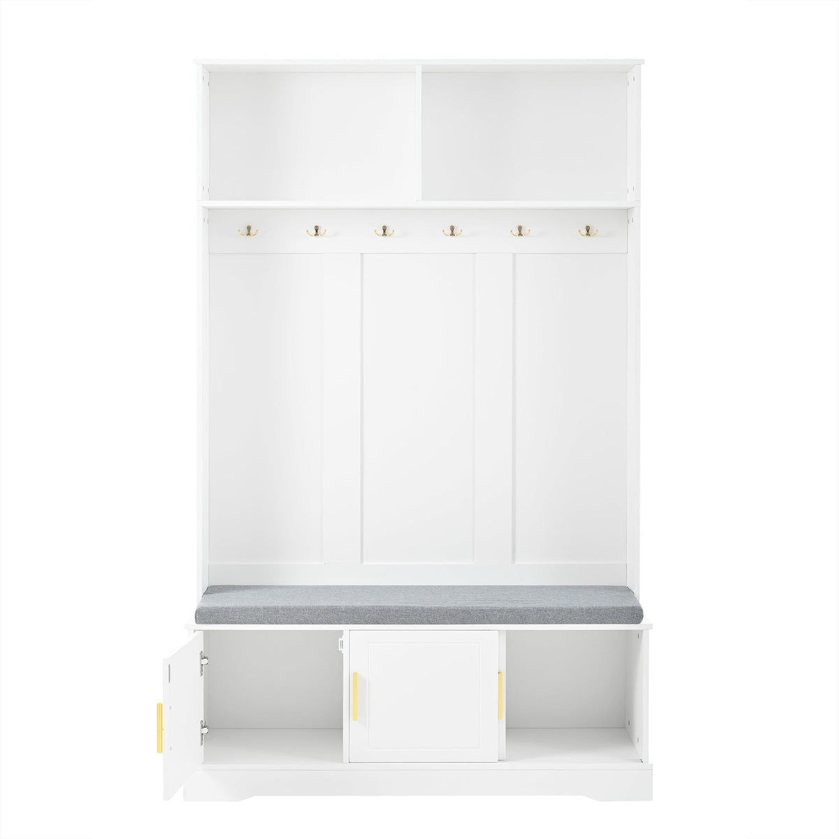 Coat rack with shoe bench, wardrobe, 6 triple hooks, freestanding, space-saving, white