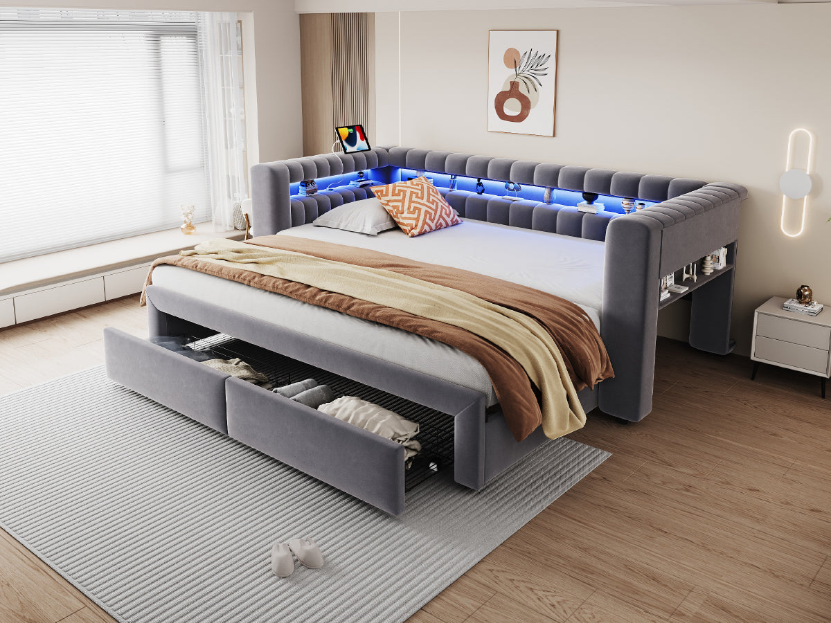 Upholstered Sofa Bed with Drawers & LED, Dark Grey Velvet