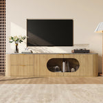 Modern Minimalist TV Cabinet with 3D Stripes and Glass Display, Wood Look and Grey Glass
